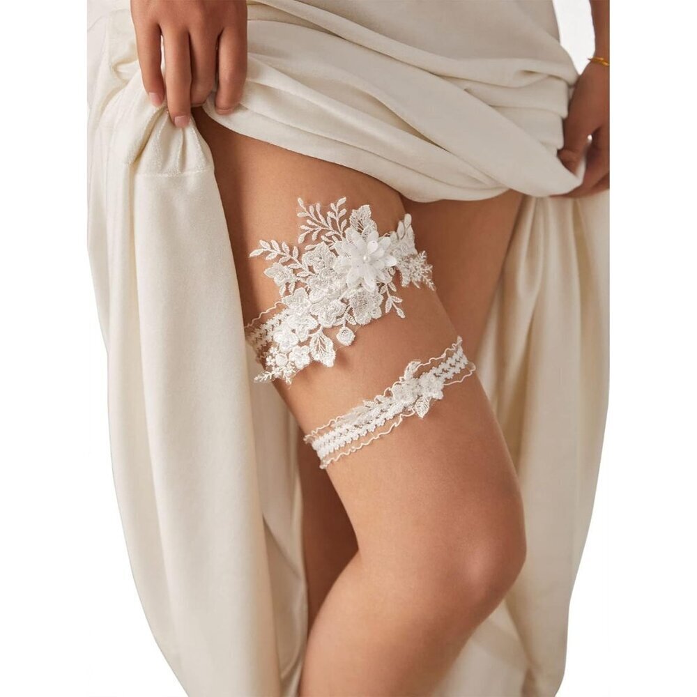 🆕Women White 2 Pieces Garter Set for Bride with Stretchy Soft Lace Band